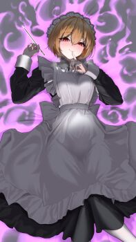 1girl absurdres apron aura bed_sheet black_dress blonde_hair blush bocchi_(kuropom7) breasts closed_mouth commentary_request dark_aura dress feet_out_of_frame finger_to_mouth frilled_apron frills glint hair_between_eyes hands_up heavy_breathing highres holding holding_needle index_finger_raised lips long_sleeves looking_at_viewer lying maid maid_apron maid_headdress medium_breasts mole mole_under_eye needle nose_blush on_back on_bed original red_eyes short_hair slit_pupils smile solo sweat white_apron
