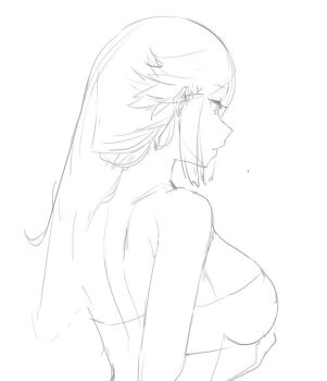 1girl bare_back breasts j@ck kid_icarus kid_icarus_uprising large_breasts long_hair nintendo palutena parted_bangs sideboob sidelocks sketch solo towel unfinished