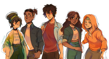 2girls 3boys aang avatar:_the_last_airbender avatar_legends bald black_choker black_hair black_neckwear blue_eyes blue_jacket brown_eyes brown_hair burn_scar choker closed_mouth crop_top dark-skinned_female dark-skinned_male dark_skin english_text eyebrows eyelashes eyewear_on_head facial_scar green_eyes green_jacket green_legwear green_pants hair_between_eyes highres hood hood_up hoodie ikimaru jacket jewelry katara long_hair long_sleeves midriff_peek multiple_boys multiple_girls necklace orange_eyes pale_skin pants parted_lips red_shirt scar scar_across_eye scar_on_cheek scar_on_face shirt simple_background three-quarter_sleeves smile sokka sunglasses sunglasses_on_head sweater tattoo teeth toph_beifong turtleneck turtleneck_sweater undercut white_background white_shirt white_sweater yellow_hoodie zuko