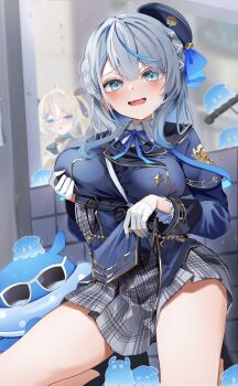 2girls amagai_ruka appare_hinata beret black_hat black_jacket blonde_hair blue_eyes blue_streaks breasts gloves grey_hair grey_skirt hat highres jacket kamimori_kuuraku large_breasts long_hair looking_at_viewer multiple_girls open_mouth skirt smile solo virtual_youtuber weather_planet white_gloves