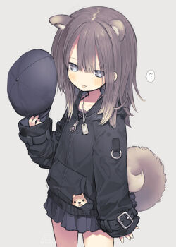 1girl :p animal_ears black_hat black_jacket black_skirt blue_eyes blush brown_hair capriccio closed_mouth commentary_request cowboy_shot dog_ears dog_girl dog_tail grey_background hair_between_eyes hand_up hat holding holding_unworn_clothes holding_unworn_hat hood hood_down hooded_jacket jacket long_sleeves newsboy_cap original pleated_skirt simple_background skirt sleeves_past_wrists smile solo standing tail tongue tongue_out translation_request unworn_hat unworn_headwear