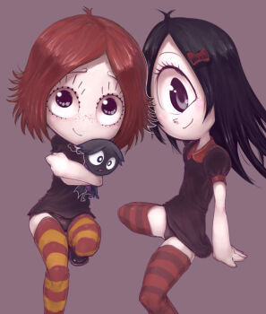 1boy 2girls ahoge animal antenna_hair arm_support bat_(animal) black_dress black_eyes black_hair black_panties bow colored_skin conoghi cyclops dress freckles hair_bow holding holding_animal iris_(ruby_gloom) long_hair looking_at_viewer multiple_girls one-eyed orange_thighhighs panties puffy_sleeves red_bow red_hair red_thighhighs ruby_gloom ruby_gloom_(character) scaredy_bat short_hair short_sleeves sitting smile striped_clothes striped_thighhighs thighhighs underwear white_skin