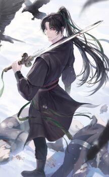 1boy 2others absurdres bald bird black_hair black_pants black_robe black_shoes blood bloody_weapon cheongmyeong_(return_of_the_mount_hua_sect) corpse cropped_torso crow cuts fighting_stance from_behind from_side green_ribbon hashtag-only_commentary high_ponytail highres holding holding_sword holding_weapon injury long_hair looking_at_viewer looking_back monchya_33 multiple_others over_shoulder pants parted_bangs ponytail red_eyes return_of_the_mount_hua_sect ribbon robe shoes snow solo solo_focus sword sword_over_shoulder weapon weapon_over_shoulder white_background wrist_wrap