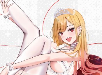 1girl bare_shoulders batto_neko blonde_hair breasts earrings eyelashes gradient_hair heart heart_earrings highres jewelry kitagawa_marin large_breasts multicolored_hair open_mouth pink_hair red_eyes revealing_clothes simple_background solo sono_bisque_doll_wa_koi_wo_suru thighhighs two-tone_hair upper_body white_thighhighs