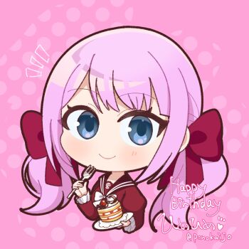 1girl assault_lily blue_eyes blush bow bowtie brown_sailor_collar cake character_name chibi closed_mouth commentary_request cropped_torso food fork frilled_sleeves frills hands_up happy_birthday heart highres holding holding_fork holding_plate juliet_sleeves kanba_girls_high_school_uniform long_hair long_sleeves looking_at_viewer notice_lines pink_background pink_hair plate polka_dot polka_dot_background ponokaijo puffy_sleeves red_bow red_bowtie sadamori_himeka sailor_collar school_uniform serafuku smile solo translated twintails twitter_username upper_body white_bow white_bowtie