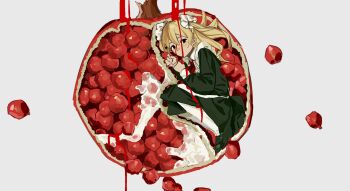 1girl apron black_dress black_eyes black_shoes blonde_hair chinese_commentary closed_mouth collared_dress commentary_request dress fetal_position flesh_blood_&amp;_concrete food frilled_apron frills fruit hair_between_eyes hair_ornament hair_scrunchie hands_up highres in_food loafers long_hair long_sleeves looking_at_viewer neckerchief nika_(flesh_blood_&amp;_concrete) pantyhose pomegranate red_neckerchief school_uniform scrunchie shoes simple_background solo soviet_school_uniform two_side_up white_apron white_background white_pantyhose white_scrunchie zai_bu_neng_qi