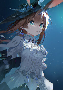 1girl absurdres amiya_(arknights) amiya_(guard)_(arknights) amiya_(guard)_(in_a_myriad_of_universes)_(arknights) animal_ears arknights blue_eyes brown_hair commentary dress earrings highres jewelry korean_commentary long_hair official_alternate_costume rabbit_ears solo white_dress xi.