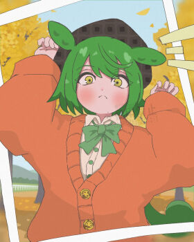 08sami80 1girl alternate_costume animal_ears autumn autumn_leaves blush bow bowtie cardigan collared_shirt commentary_request green_hair hands_up hat highres leaf long_hair long_sleeves looking_at_viewer low_ponytail ponytail shirt solo upper_body very_long_hair voiceroid voicevox watermark yellow_eyes zundamon