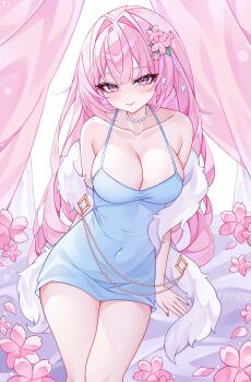 1girl absurdres artist_name blue_dress blush breasts cleavage closed_mouth collarbone commentary commission covered_navel dress english_commentary feather_boa flower hair_flower hair_ornament highres jewelry long_hair necklace original pearl_necklace pink_eyes pink_flower pink_hair rinne_(rinne_oi) smile solo