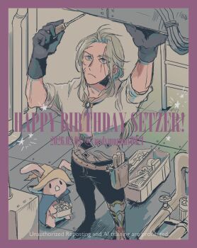Rule 34 | 1boy, animal ears, ascot, black gloves, black pants, blue eyes, border, character name, closed mouth, commentary request, creature, dated, facial scar, final fantasy, final fantasy vi, foot out of frame, frown, gloves, grey hair, happy birthday, holding, holding screwdriver, male focus, pants, purple border, rabbit ears, repairing, scar, scar across eye, scar on cheek, scar on face, scar on forehead, screwdriver, setzer gabbiani, shirt, sleeves rolled up, toolbox, twitter username, uedymummy0921, white ascot, white shirt