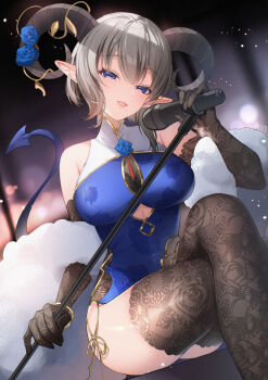 1girl :d bare_shoulders bison_cangshu blue_dress blue_eyes blue_flower blue_rose breasts brown_gloves brown_thighhighs commentary_request crossed_legs demon_girl demon_horns demon_tail dress elbow_gloves feet_out_of_frame flower gloves grey_hair hair_between_eyes half-closed_eyes highres holding holding_microphone holding_microphone_stand horns large_breasts looking_at_viewer microphone microphone_stand mole mole_under_mouth north_yuka open_mouth pointy_ears project-sp rose sitting sleeveless sleeveless_dress smile solo tail thighhighs virtual_youtuber