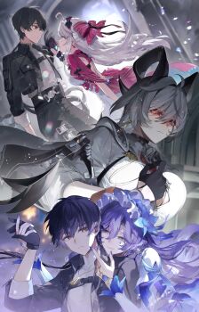 1boy 3girls adjusting_clothes adjusting_necktie ahoge arm_pouch black_choker black_gloves black_hair black_horns black_jacket black_pants blue_flower bow breasts button_gap cantarella_(wuthering_waves) carlotta_(wuthering_waves) choker closed_mouth collared_jacket commentary_request curled_horns dress earrings eye_contact eye_trail facial_mark fingernails flower gloves grey_shirt hair_between_eyes hair_bow hair_flower hair_ornament headdress highres holding_hands horns jacket jacket_on_shoulders jewelry kouta_(pixiv14981568) large_breasts light_trail long_fingernails long_hair looking_at_another male_rover_(wuthering_waves) mark_under_eye medium_breasts multiple_girls multiple_views nail_polish necktie open_clothes open_jacket pants parted_lips pink_bow pink_jacket purple_hair purple_nails red_necktie rover_(wuthering_waves) shirt smile striped_bow tacet_mark_(wuthering_waves) white_dress wuthering_waves yellow_eyes zani_(wuthering_waves)