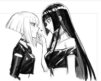 2girls aoki_shizumi bare_shoulders blush choker crop_top finger_in_another&#039;s_mouth greyscale heart highres kurogane_otoha long_hair monochrome multiple_girls off_shoulder parted_lips rock_wa_lady_no_tashinami_deshite saliva shiraya_tamaki short_hair_with_long_locks thick_eyelashes yuri