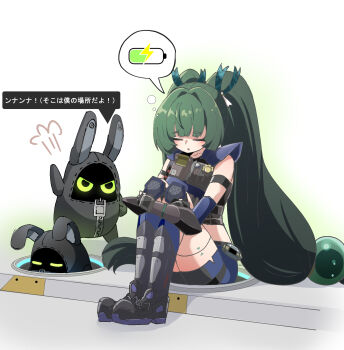 1girl android arm_strap bangboo_(zenless_zone_zero) battery battery_indicator black_shorts blue_shorts caseee999 closed_eyes colored_speech_bubble commentary_request full_body green_hair hair_intakes hair_ornament highres hugging_own_legs knee_pads long_hair multicolored_shorts open_mouth police police_badge police_uniform policewoman qingyi_(zenless_zone_zero) recharging shorts sitting speech_bubble sphere_hair_ornament translation_request twintails white_background zenless_zone_zero zipper zipper_pull_tab
