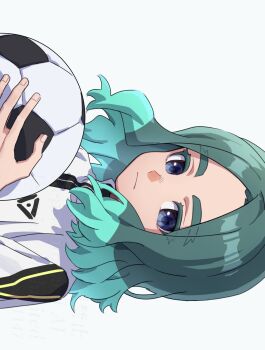 Rule 34 | 1boy, ball, blue eyes, closed mouth, fingernails, green hair, highres, holding, holding ball, inazuma eleven (series), inazuma eleven victory road, inzm1147, jacket, looking at viewer, male focus, medium hair, sasanami unmei, sideways, simple background, soccer ball, solo, thick eyebrows, upper body, white background, white jacket