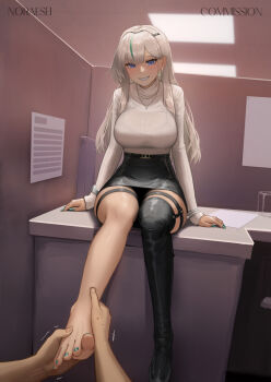 1boy 1girl artist_name asymmetrical_legwear barefoot black_boots black_skirt blue_eyes boots bracelet breasts brown_dust_(series) brown_dust_2 brown_hair brown_sweater commission desk earrings eyebrows_hidden_by_hair foot_massage highres jewelry large_breasts light_blush long_hair looking_at_viewer multicolored_hair nail_polish nebris_(brown_dust_2) nebris_(new_hire)_(brown_dust_2) necklace noraesei office office_lady on_desk open_mouth sitting skirt smile streaked_hair sweater teeth thigh_boots thigh_strap toenail_polish toenails toes vgen_commission