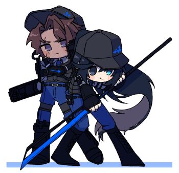 2boys aqua_eyes baseball_cap black_boots black_gloves black_hair black_hat black_vest blue_necktie blue_pants boots brown_hair closed_mouth fingerless_gloves full_body gloves hair_intakes hat heathcliff_(project_moon) high_ponytail highres hong_lu_(project_moon) limbus_company long_hair multiple_boys nantekottawo!! necktie pants ponytail project_moon purple_eyes scar scar_on_face simple_background smile very_long_hair vest w_corp._(identity)_(project_moon) white_background