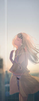 1girl absurdres blonde_hair blurry chocolat_teddy closed_eyes coat denim denim_shorts depth_of_field gakuen_idolmaster highres idolmaster long_hair open_clothes open_coat outdoors profile shinosawa_hiro shorts sky solo twilight wind