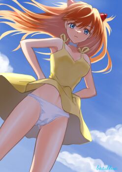 1girl absurdres armpits artist_name bacillus backlighting bare_shoulders blue_choker blue_eyes blue_sky breasts choker cleavage clothes_lift cloud collarbone commentary cowboy_shot cumulonimbus_cloud day dress dress_lift dutch_angle expressionless eyelashes floating_hair from_below gluteal_fold hair_between_eyes hands_on_own_hips highres interface_headset_(evangelion) light_blush long_hair looking_at_viewer looking_down medium_breasts midriff_peek navel neon_genesis_evangelion outdoors paid_reward_available panties red_hair scene_reference signature sky sleeveless sleeveless_dress solo souryuu_asuka_langley standing sundress underwear variant_set white_panties wind wind_lift yellow_dress