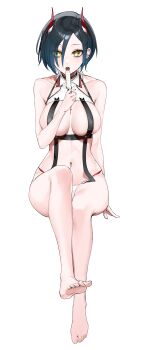 Rule 34 | 1girl, absurdres, azur lane, bare arms, barefoot, black choker, black hair, breast strap, breasts, choker, commentary, cross piercing, food, highres, holding, holding food, holding popsicle, horns, invisible chair, large breasts, looking at viewer, mechanical horns, navel, navel piercing, piercing, popsicle, red horns, short hair, simple background, sitting, slit pupils, solo, stomach, thighs, toes, tongue, tongue out, ulrich von hutten (azur lane), white background, yakool, yellow eyes