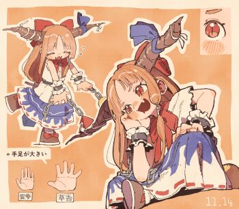 Rule 34 | 1girl, :d, = =, belt, blue ribbon, blue skirt, blunt bangs, blush, bow, bowtie, brown horns, brown shoes, chain, closed eyes, commentary request, cube, cuffs, dated, deformed, disembodied hand, dot nose, elbow on knee, eye focus, fang, footwear bow, frilled wrist cuffs, frills, from below, full body, hair bow, hand on own chin, hand on own knee, head rest, highres, horn ornament, horn ribbon, horns, ibuki suika, indian style, large hands, long hair, long sidelocks, low-tied long hair, nama udon, nose blush, on floor, oni, open mouth, orange background, orange hair, orb, paneled background, parted bangs, projected inset, pyramid (geometry), red bow, red bowtie, ribbon, ribbon-trimmed skirt, ribbon trim, shackles, shirt, shoes, sidelocks, simple background, sitting, size comparison, skin fang, skirt, sleeveless, smile, solo, squeans, tareme, thick eyebrows, torn clothes, torn sleeves, touhou, translation request, two-tone skirt, walking, white ribbon, white shirt, white skirt, white wrist cuffs, wrist cuffs