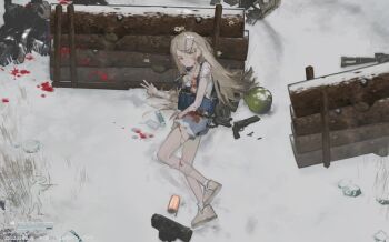 1girl bandaged_arm bandaged_leg bandages barricade belt black_belt blonde_hair blood blood_on_clothes blood_on_face blood_on_ground bloody_bandages brown_eyes bulletproof_vest camisole chinese_commentary chongmoyu_loligogh colored_eyelashes commentary_request corpse denim denim_shorts earrings escape_from_tarkov fake_screenshot full_body gakuen_idolmaster gradient_hair grey_hair grey_shorts gun gunshot_wound hair_ornament hair_spread_out hairclip hand_on_own_leg handgun helmet highres idolmaster injury jewelry leaning_on_object long_hair looking_at_viewer lying multicolored_hair on_ground on_side p-head_producer parallel_hairclips parted_bangs parted_lips producer_(idolmaster) revolver rope_belt rsh-12 shinosawa_hiro shoes shorts smile snow socks solo stud_earrings unworn_headwear unworn_helmet user_interface v weapon white_camisole white_socks