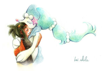 Rule 34 | 1boy, artist name, backpack, bag, black shirt, closed eyes, commentary request, dark-skinned male, dark skin, eyelashes, gen 7 pokemon, green hair, hair ornament, hau (pokemon), hug, kai alola, lowres, nintendo, orange bag, pokemon, pokemon (creature), pokemon sun and moon, primarina, shirt, short hair, signature, simple background, smile, traditional media, white background