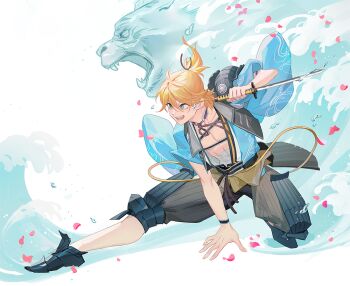 1boy blonde_hair blue_eyes commentary_request fighting_stance full_body hair_between_eyes holding holding_sword holding_weapon looking_ahead male_focus ncww_rinichi open_mouth petals ponytail shoes solo sword tiger touken_ranbu urashima_kotetsu weapon white_background wide_sleeves wristband