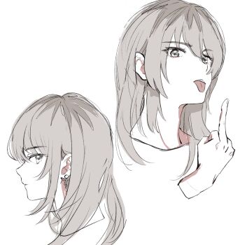 1girl commentary_request girls_band_cry grey_eyes grey_hair highres kawaragi_momoka long_hair multicolored_hair multiple_views roots_(hair) simple_background swimsuit tasuku2218 tongue tongue_out white_background