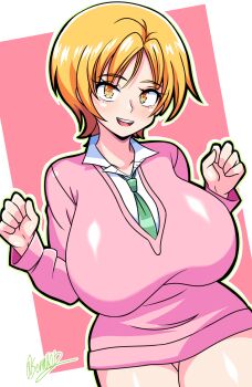 1girl absurdres alternate_breast_size_(larger) artist_name blonde_hair bottomless breasts collared_shirt commission gals! green_necktie highres huge_breasts long_sleeves looking_at_viewer necktie open_mouth pink_sweater senak012 shirt short_hair signature smile solo sweater white_shirt yamazaki_miyu