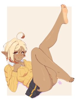 1girl :o absurdres ahoge artist_name asymmetrical_bangs asymmetrical_hair barefoot black_nails black_skirt blush breasts commentary crop_top dark-skinned_female dark_skin drop_shadow earclip earrings elf english_commentary feet foot_focus from_side full_body hair_between_eyes hand_on_own_chin hands_on_own_face highres jewelry leg_warmers legs_up light-skinned_soles long_eyelashes long_sleeves lying medium_breasts medium_hair midriff miniskirt mole mole_under_eye multicolored_hair nail_polish on_stomach orange_eyes orange_hair orange_leg_warmers original panties pointy_ears red_hair ribbed_sweater signature simple_background single_horizontal_stripe skirt soles solo striped_clothes striped_panties striped_skirt sweater tan tanned_elf_(treepxiv) the_pose toe_scrunch toenail_polish toenails toes treepxiv turtleneck turtleneck_sweater two-tone_hair underwear white_background yellow_panties yellow_sweater