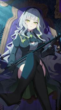 1girl absurdres ascot black_ascot black_dress black_gloves black_hairband black_thighhighs blunt_bangs breasts cane chair cleavage commentary crossed_legs dress firenze_(stella_sora) gem gloves green_eyes green_gem green_streaks grey_hair hair_intakes hairband hand_up highres holding holding_cane indoors large_breasts legs long_hair long_sleeves looking_at_viewer on_chair parted_lips pension_z sitting solo stella_sora thighhighs thighs two-sided_fabric very_long_hair wavy_hair