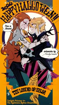 1boy 1girl arms_around_neck black_nails black_suit blonde_hair breasts brown_hair cleavage closed_mouth commentary cosplay couple dress earrings english_commentary feet_out_of_frame formal_clothes full_body hair_between_eyes hetero jack_skellington jack_skellington_(cosplay) jewelry link long_dress long_hair looking_at_another manodemarina medium_breasts nail_polish nintendo pants patchwork_clothes patchwork_skin pinstripe_jacket pinstripe_pants pinstripe_pattern pinstripe_suit pointy_ears princess_zelda sally_(nbc) sally_(nbc)_(cosplay) scar scar_on_face short_hair short_sleeves smile sparkle suit the_legend_of_zelda the_legend_of_zelda:_twilight_princess the_nightmare_before_christmas torn_clothes torn_sleeves