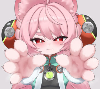 1girl :3 absurdres ahoge animal_ears black_dress blush braid bright_pupils closed_mouth commentary_request dress furry furry_female highres long_hair looking_at_viewer pink_fur pink_hair rabbit_ears rabbit_girl red_eyes short_eyebrows smile solo twin_braids very_long_hair white_pupils yomocha_skebmu_ji_zhong zenless_zone_zero zhao_(zenless_zone_zero)