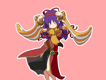 Rule 34 | 1girl, animal, animal around neck, arms up, belt, blush stickers, breasts, brown belt, caramelldansen, closed eyes, commentary request, detached sleeves, dress, feet out of frame, fox, hairband, long hair, medium breasts, meranie, open mouth, pelvic curtain, pink background, professor (ragnarok online), purple hair, ragnarok online, red dress, red hairband, simple background, sleeveless, sleeveless dress, smile, solo, standing, striped sleeves, white sleeves, yellow sleeves