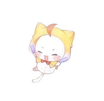 ^_^ ahoge animal_focus baonu_de_zhanshen_caibutou blush_stickers bow bowtie chinese_commentary cloak closed_eyes commentary_request ear_covers floating glowstick happy highres holding holding_glowstick hood hood_up hooded_cloak infinity_nikki momo_(nikki) navel nikki_(series) no_humans open_mouth penlight_(glowstick) red_bow red_bowtie simple_background smile solo traditional_bowtie variant_set whiskers white_background yellow_cloak