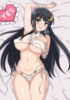 1girl absurdres areola_slip arm_up bed_sheet bikini black_hair blue_eyes blunt_bangs blush breasts cameltoe cleavage cleft_of_venus commentary_request hair_ornament highres ikaruga_(senran_kagura) large_breasts long_hair looking_at_viewer lying navel on_back open_mouth pussy senran_kagura side-tie_bikini_bottom sidelocks smile solo string_bikini swimsuit tankuro_uri underboob very_long_hair white_bikini yes-no_pillow