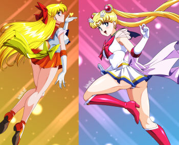 2girls absurdres adult_swim aino_minako artist_name ass bishoujo_senshi_sailor_moon bishoujo_senshi_sailor_moon_r bishoujo_senshi_sailor_moon_r:_the_movie bishoujo_senshi_sailor_moon_s bishoujo_senshi_sailor_moon_s:_the_movie bishoujo_senshi_sailor_moon_s_the_movie:_kaguya-hime_no_koibito bishoujo_senshi_sailor_moon_supers bishoujo_senshi_sailor_moon_supers_the_movie:_sailor_9_senshi_shuuketsu!_black_dream_hole_no_kiseki blonde_hair blue_eyes blush bow breasts choker closed_mouth commentary danmakuman earrings elbow_gloves from_behind full_body gloves gradient_background hair_bow highres inner_senshi jewelry long_hair looking_at_viewer looking_back medium_breasts miniskirt multiple_girls odango_hair orange_background pleated_skirt sailor_collar sailor_moon sailor_senshi sailor_senshi_uniform sailor_venus shiny_skin shoes signature simple_background skirt super_sailor_moon thighs tiara toei_company toonami tsukino_usagi viz_media
