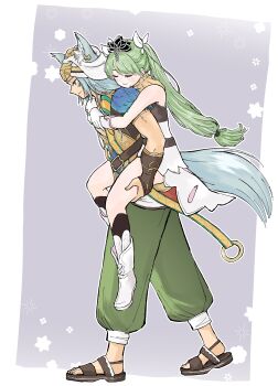 1boy 1girl absurdres ancient_egyptian ancient_egyptian_clothes animal_ears blue_hair carrying commentary_request couple dark-skinned_male dark_skin fox_boy fox_ears frey_(rune_factory) highres leon_(rune_factory) long_hair mugi_gol piggyback rune_factory rune_factory_4