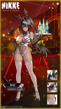 1girl ahoge animal_ears animated ass audible_speech bandaid bandaid_on_leg bay_(nikke) bay_(radiant_rabbit)_(nikke) black_gloves blurry blurry_background blush bow bowtie breast_curtains breasts cleavage covered_navel curvy embarrassed english_audio facial_mark flexible full_body gloves goddess_of_victory:_nikke grey_eyes hair_intakes highleg highleg_leotard highres holding holding_tray indoors large_breasts leg_lift leotard logo long_hair looking_at_viewer multicolored_hair official_art playboy_bunny ponytail rabbit_ears revealing_clothes see-through_clothes see-through_leotard shiny_clothes shiny_skin side-tie_leotard sidelocks smile sound standing standing_on_one_leg streaked_hair talking teeth thick_thighs thighhighs thighs title tray video wide_hips