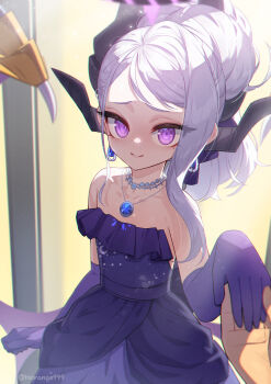 1girl 1other absurdres bare_shoulders black_halo black_horns blue_archive blue_dress closed_mouth collarbone dress elbow_gloves gloves halo highres hina_(blue_archive) hina_(dress)_(blue_archive) horange horns jewelry looking_at_viewer medium_hair necklace official_alternate_costume pov purple_eyes purple_gloves smile solo solo_focus twitter_username white_hair wings