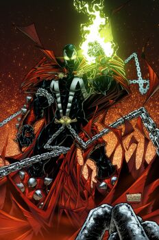 Rule 34 | 1boy, cape, chain, glowing, glowing eyes, green eyes, highres, image comics, magic, male focus, skull, solo, spawn (comic), spawn (spawn), spikes, superhero costume