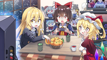 +_+ 3girls ascot black_jacket blonde_hair blush bow braid brown_hair cirno commentary_request controller crystal crystal_wings cup e.o. flandre_scarlet food frilled_bow frilled_hair_tubes frills fruit fumo_(doll) game_controller green_tea hair_bow hair_tubes hakurei_reimu hat highres holding holding_controller holding_game_controller indoors jacket kirisame_marisa kotatsu long_hair mandarin_orange mob_cap monitor moriya_suwako multicolored_wings multiple_girls no_headwear one_side_up open_mouth playing_games red_bow red_eyes reisen_udongein_inaba ribbon-trimmed_sleeves ribbon_trim side_braid single_braid smile sparkle table tea teacup touhou toutetsu_yuuma under_kotatsu under_table white_bow white_hat wings yellow_eyes yunomi