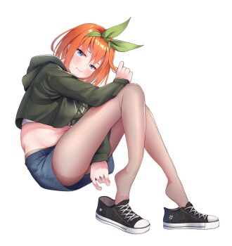 Rule 34 | 1girl, 5hibu05, alternate costume, arms between legs, ass peek, blue eyes, blush, bra, bra peek, commentary, commission, commissioner upload, cropped hoodie, denim, denim skirt, english commentary, full body, go-toubun no hanayome, green hoodie, green ribbon, hair ribbon, highres, hood, hoodie, jewelry, long legs, long sleeves, looking at viewer, medium hair, microskirt, nakano yotsuba, navel, no socks, orange hair, pantyhose, pantyhose under shorts, playing with own hair, revision, ribbon, ring, second-party source, sheer pantyhose, shoes, shorts, simple background, skin-colored pantyhose, skirt, sneakers, solo, thighband pantyhose, thighs, underwear, white bra
