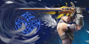 1girl armor artoria_pendragon_(fate) backless_outfit bei_ju_luoxuan_wan blonde_hair breastplate bridal_gauntlets caliburn_(fate) commentary_request detached_sleeves fate/grand_order fate_(series) feathers fighting_stance green_eyes hair_between_eyes highres holding holding_sword holding_weapon ponytail puffy_short_sleeves puffy_sleeves saber_lily serious short_sleeves solo sword upper_body weapon wings