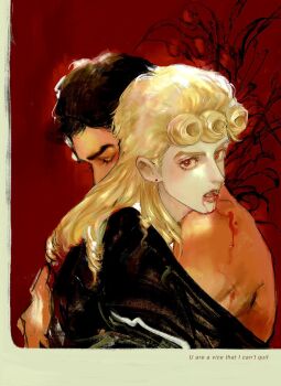 2boys a_io_u black_hair black_jacket blonde_hair blood blood_from_mouth closed_eyes curly_hair earrings english_text fangs giorno_giovanna guido_mista highres hug jacket jewelry jojo_no_kimyou_na_bouken long_hair multiple_boys open_mouth pale_skin red_background red_eyes short_hair tan topless_male upper_body vampire vento_aureo yaoi