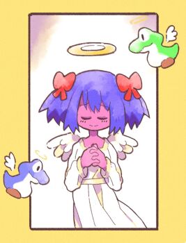 1girl 4chan angel border bow bury_pink_gril closed_eyes closed_mouth colored_skin commentary cowboy_shot dress feathered_wings hair_bow halo inkerton-kun mario_(series) nintendo pink_skin purple_hair red_bow short_hair smile solo symbol-only_commentary traditional_halo white_dress white_wings wings yellow_border yellow_halo yoshi