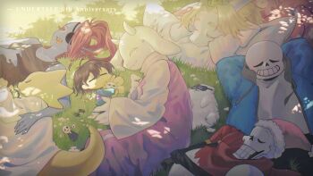 1other 3boys 3girls absurdres alphys annoying_dog asgore_dreemurr blonde_hair brown_hair closed_mouth dog forut_dondon frisk_(undertale) goat_girl grin highres multiple_boys multiple_girls on_grass open_mouth papyrus_(undertale) sans_(undertale) skeleton sleeping smile teeth toriel undertale undyne utdr_(toby_fox)