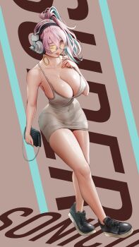 Rule 34 | 1girl, absurdres, aqua hair, arm at side, bare legs, bare shoulders, black shoes, braco, breasts, brown background, character name, cleavage, closed mouth, collarbone, covered navel, dongtan dress, dress, earrings, eyelashes, female focus, fingernails, grey-framed eyewear, grey dress, hand on own chest, headphones, highres, huge breasts, jewelry, long hair, looking at viewer, matching hair/eyes, multicolored hair, nitroplus, one eye closed, pink eyes, pink hair, ponytail, shoes, side ponytail, simple background, sleeveless, sleeveless dress, solo, standing, streaked hair, sunglasses, super sonico, tinted eyewear, tongue, tongue out, two-tone hair, yellow-tinted eyewear