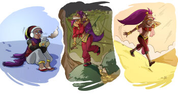 Rule 34 | 1girl, adapted costume, alternate costume, armlet, blue eyes, bracer, breasts, camillecee, capri pants, collage, cowboy hat, cup, dark skin, desert, detached sleeves, earmuffs, earrings, forehead jewel, harem pants, hat, highres, hoop earrings, hot, jewelry, long hair, lots of jewelry, midriff, mittens, mug, pants, pants rolled up, pointy ears, ponytail, popped collar, purple hair, sandals, scarf, see-through clothes, shantae, shantae (series), shirt, single sleeve, sitting, sleeves rolled up, snow, sweat, sweater vest, tiara, tied shirt, toes, tongue, tongue out, torn clothes, torn shirt, wayforward, winter clothes